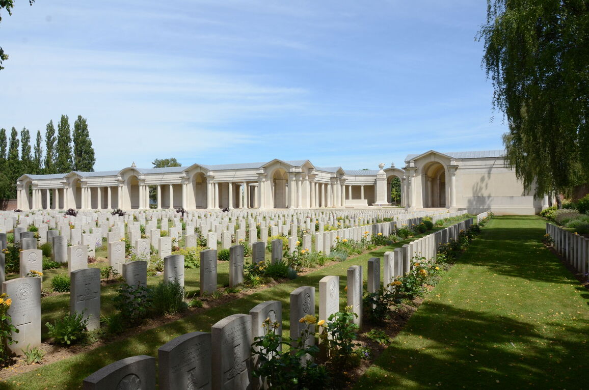 Beautiful wide stone cloister panorama of the Arras Memorial, France, showing columns inscribed with names of the missing