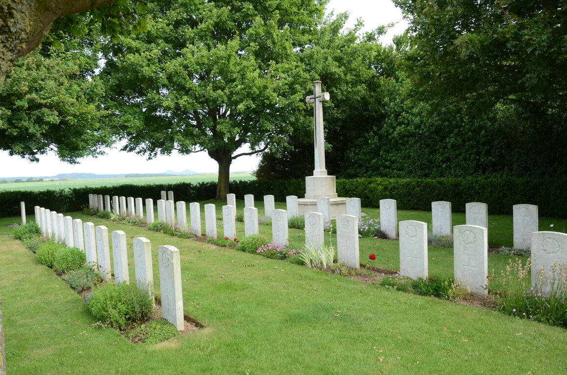 Panoramic view of Beehive Cemetery, Willerval, France, showing rows of white headstones against an open field landscape