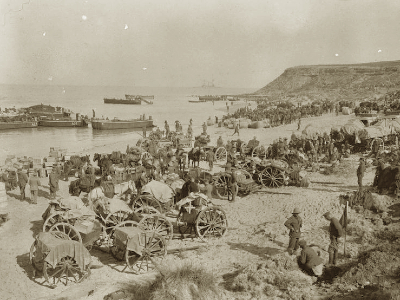 Troops and transport from 29th Division at 'Lancashire Landing' on 'W' Beach, Cape Helles, Gallipoli, 27 April 1915.