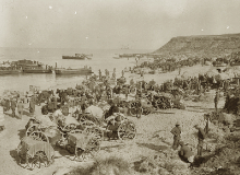 Troops and transport from 29th Division at 'Lancashire Landing' on 'W' Beach, Cape Helles, Gallipoli, 27 April 1915.