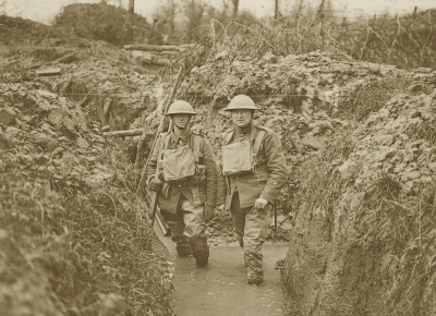 British soldiers standing in knee deep water in a trench