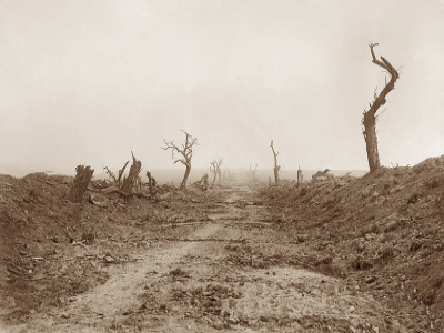 The road to Guillemont viewed from Waterlot Farm during the Battle of the Somme, 11 September 1916.