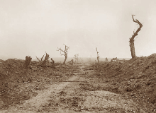 The road to Guillemont viewed from Waterlot Farm during the Battle of the Somme, 11 September 1916.