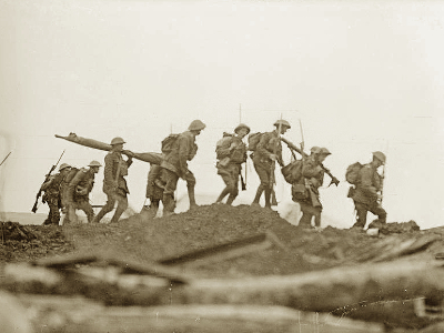 Men of the 11th Royal Inniskilling Fusiliers advancing over the German second line, near Havrincourt captured by the 62nd Division on the 20th November 1917.