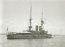 HMS Implacable after the addition of fire control platforms to her foremast and mainmast.