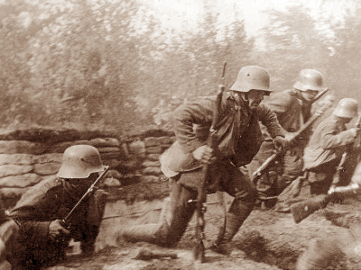 German Stormtroopers leaving a trench at the beginning of an assault . The tactics developed for these troops contributed greatly to the German success in Spring 1918.