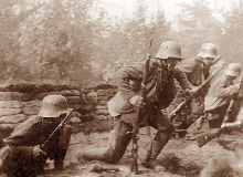 German Stormtroopers leaving a trench at the beginning of an assault. The tactics developed for these troops contributed greatly to the German success in Spring 1918.