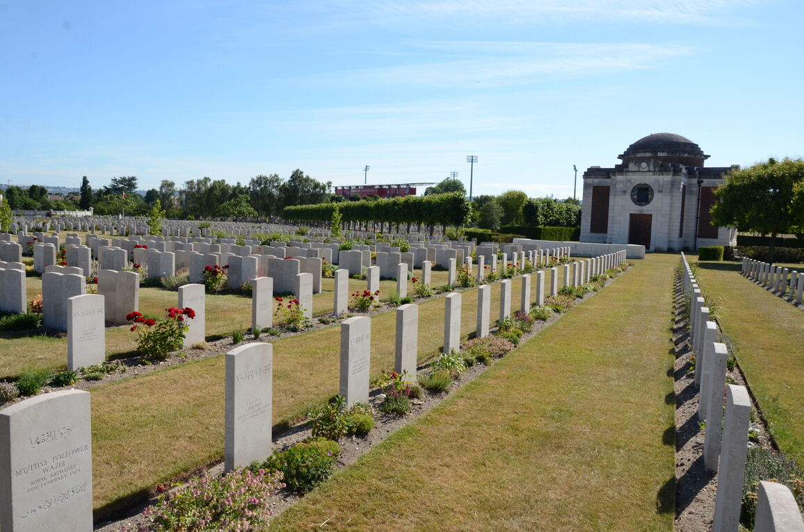 Beautiful landscape panorama of St. Sever Cemetery Extension in Rouen, France, showing uniform lines of white headstones